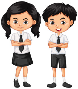 Ilustracja przedstawiająca dziewczynkę i chłopca w szkolnych mundurkach
